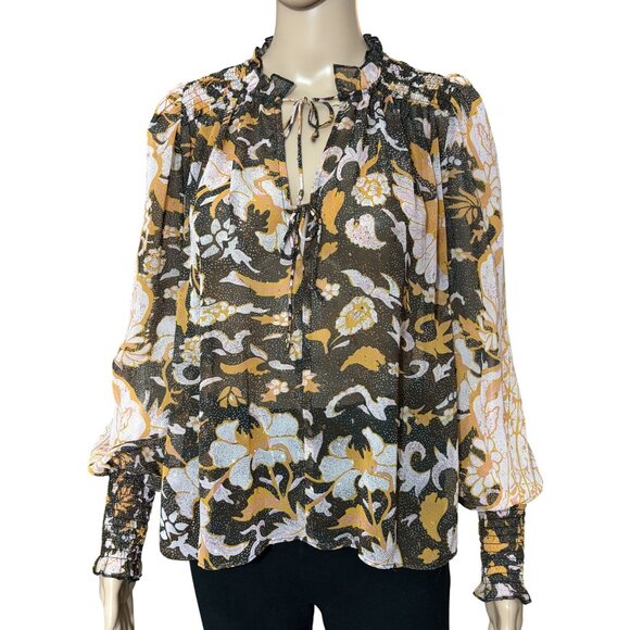 Anthropologie OPT Floral Sheer Peasant Blouse Boho Top Black Glod Size Small - Picture 1 of 3